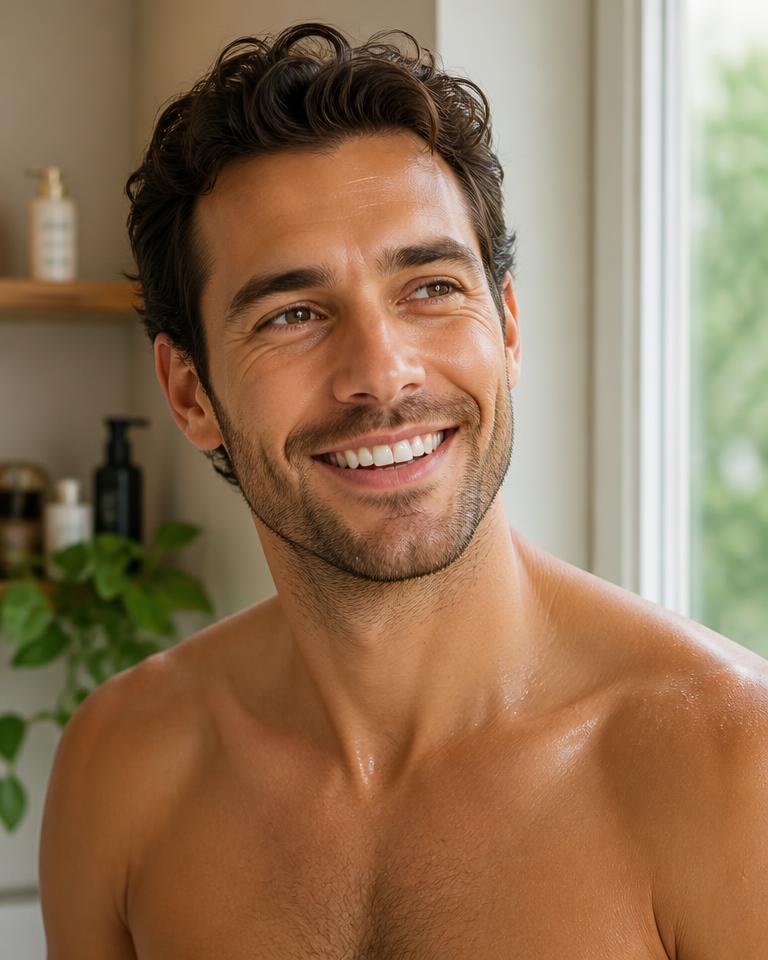Homme souriant au teint frais et reposé