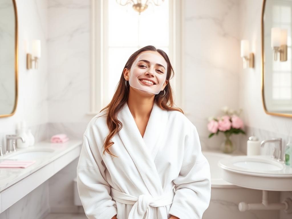 Femme souriante en peignoir portant un masque LYSAVA dans une salle de bain lumineuse